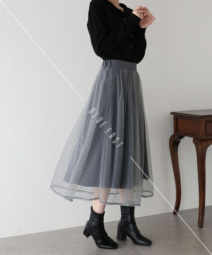 日本 BLUE EAST - 華麗雙層薄紗魅力長裙(可選長度)-格紋-黑