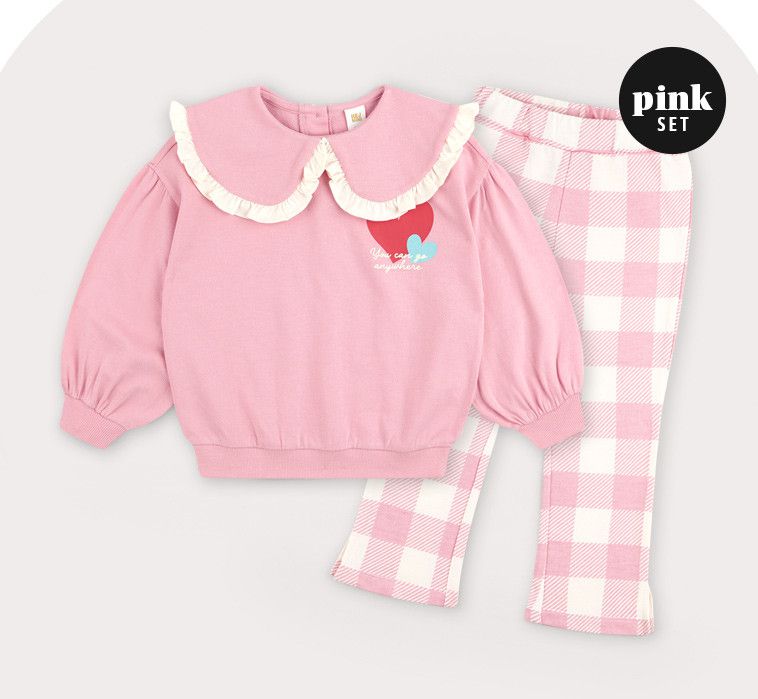 韓國 HEJMINI - 粉紅格紋荷葉領套裝-粉