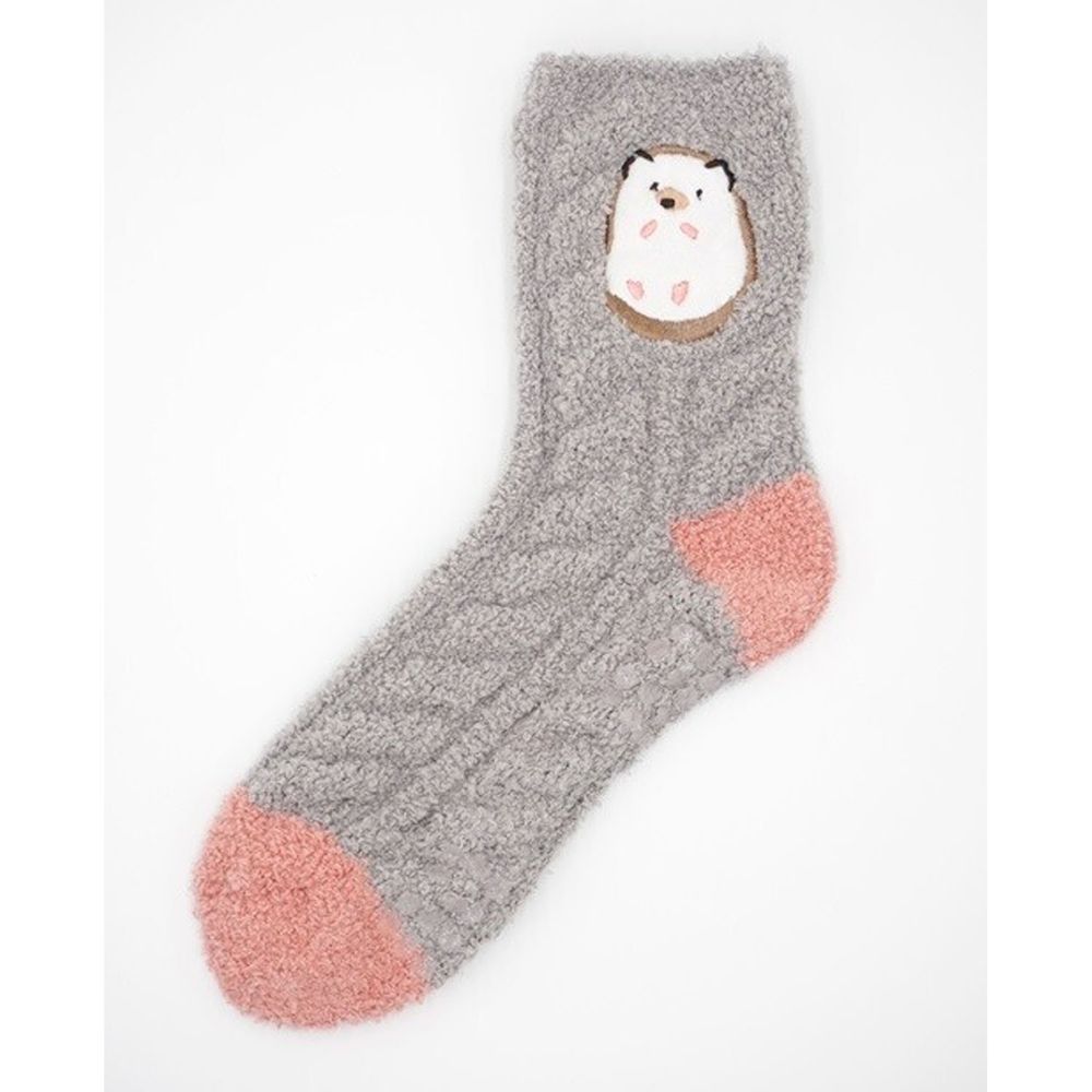 日本 friendshill - 動物刺繡針織保暖長襪(防滑設計)-刺蝟-灰 (22-25cm)