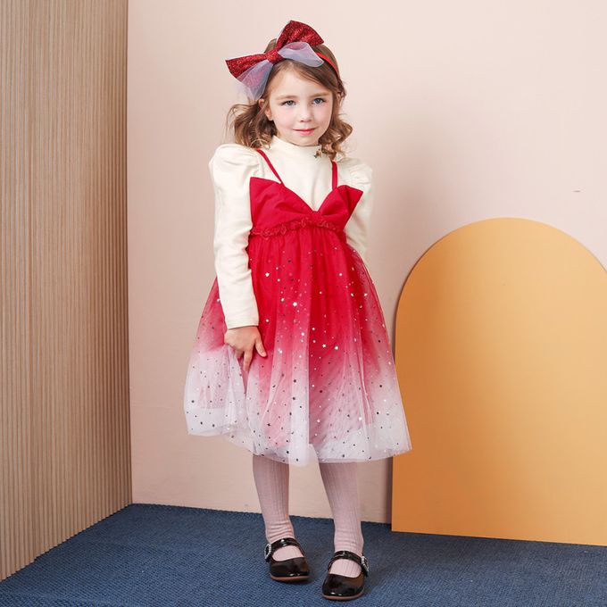 韓國 WALTON kids - 星彩亮片蝶結細肩網紗漸層洋裝-粉