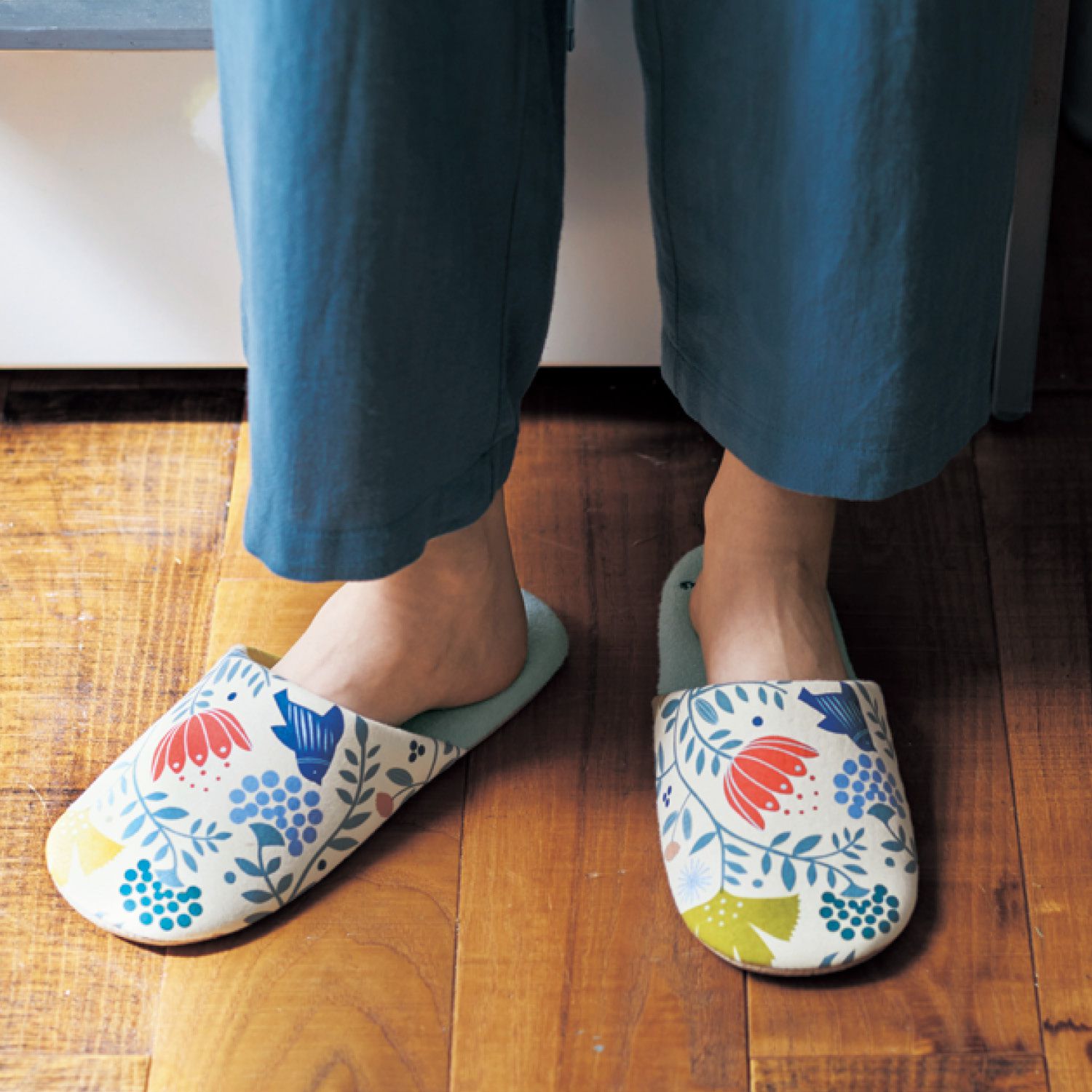 日本千趣會 - mini labo 法式浪漫室內拖鞋-鳥語花香-水藍 (23-25cm)