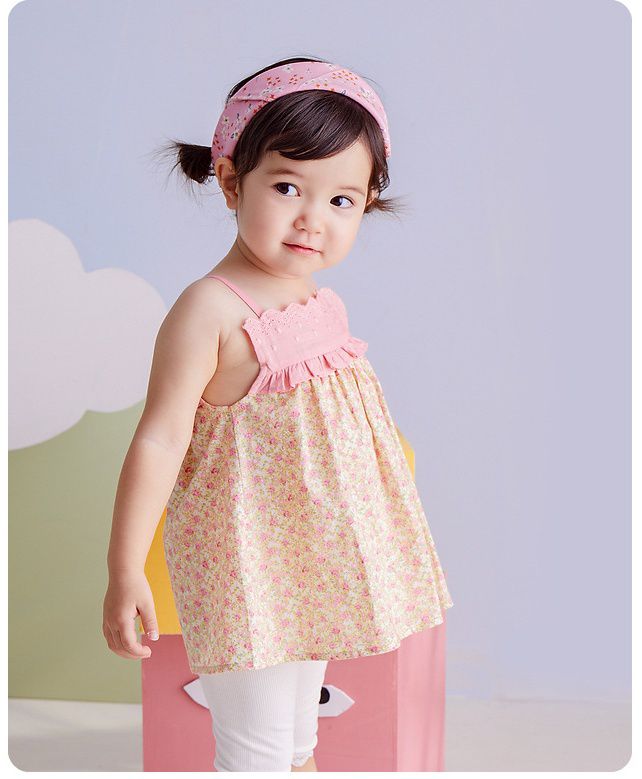 田園風純棉吊帶洋裝-碎花款-粉色