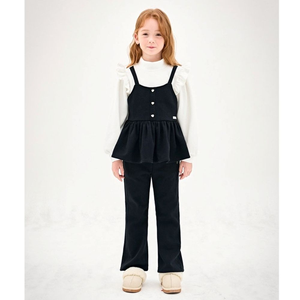 知性風格假兩件內刷毛長袖套裝-白X黑