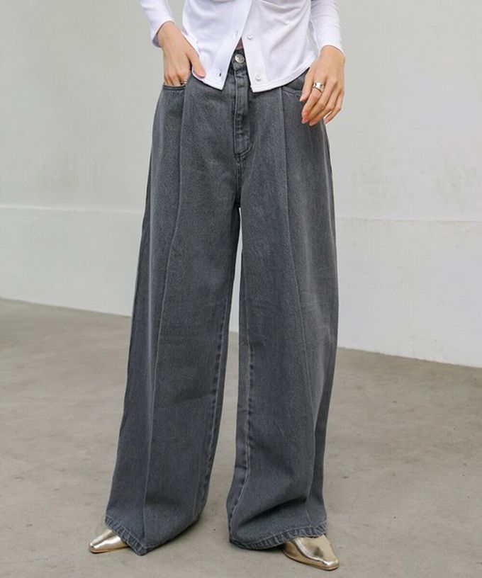 日本 Bab - 腳長效果 摺線丹寧印度棉寬褲-淺藍