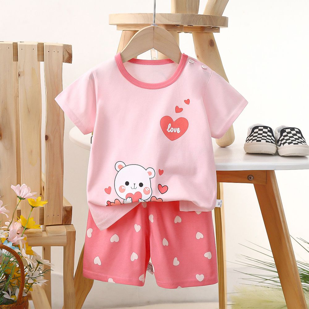 純棉透氣短袖短褲家居服套裝-愛心小熊