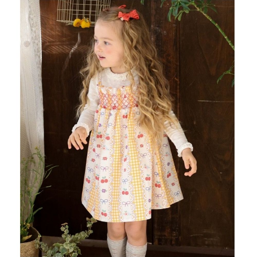 Puellaflo 花漾莓果格紋細印細肩洋裝-橘黃