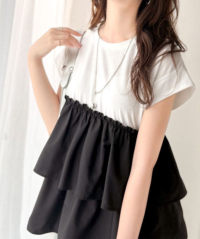 日本 Classical Elf - 浪漫不對稱拼接荷葉短袖上衣-炭灰