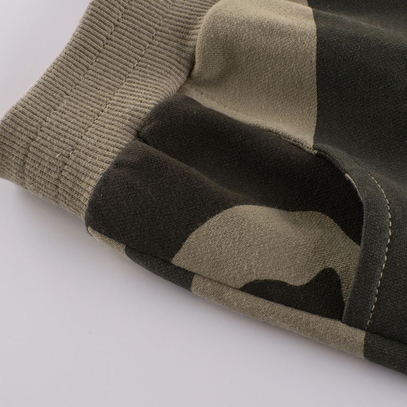 純棉腰鬆緊休閒五分褲-迷彩-卡其綠