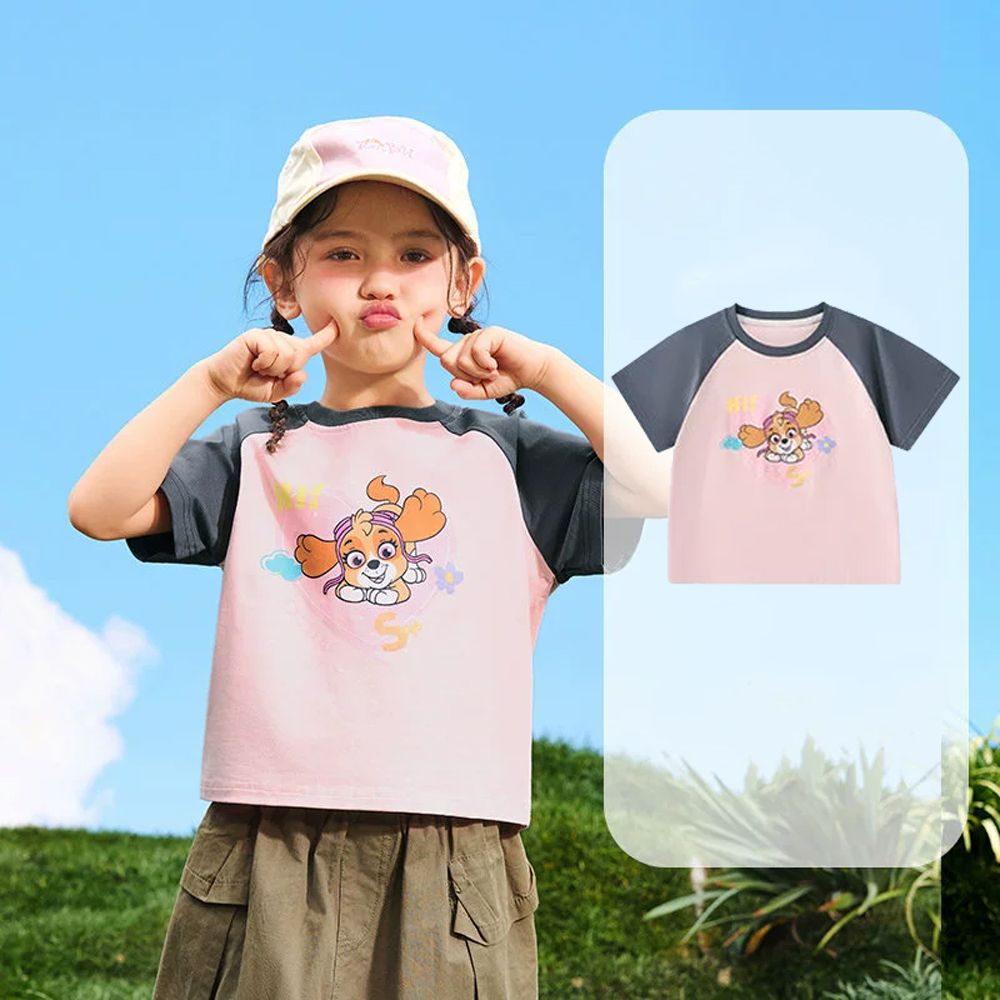 卡通汪汪隊拼袖撞色短袖上衣-粉色