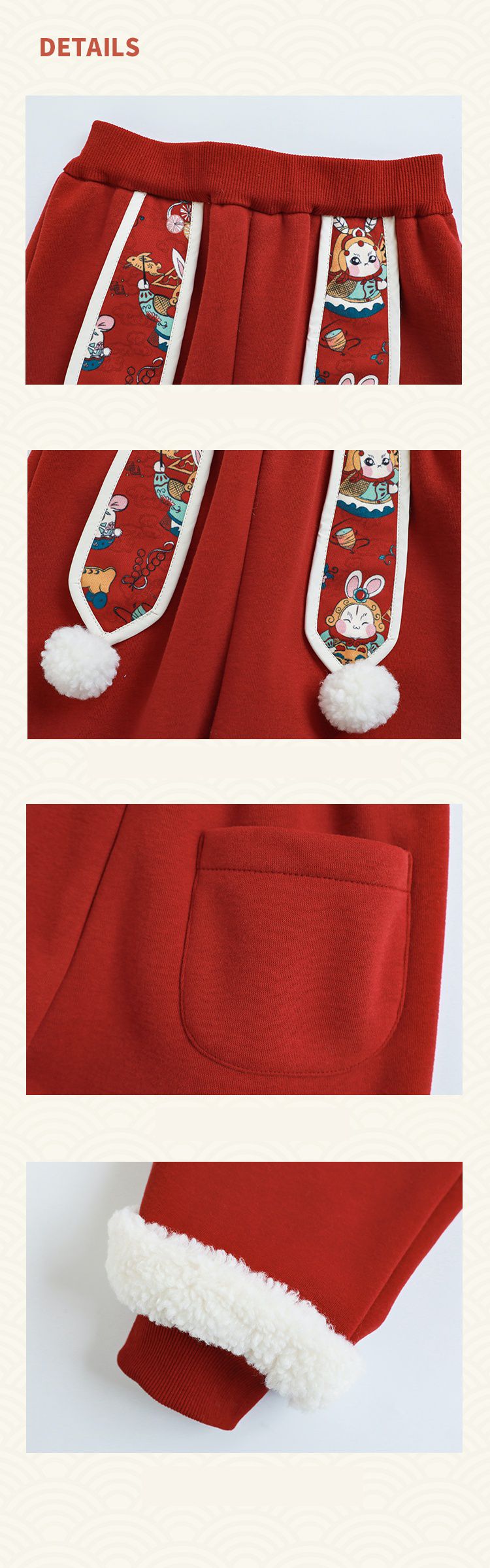 TONGMO - 漢服風加絨喜氣拜年休閒長褲-錦旗兔兔-紅色
