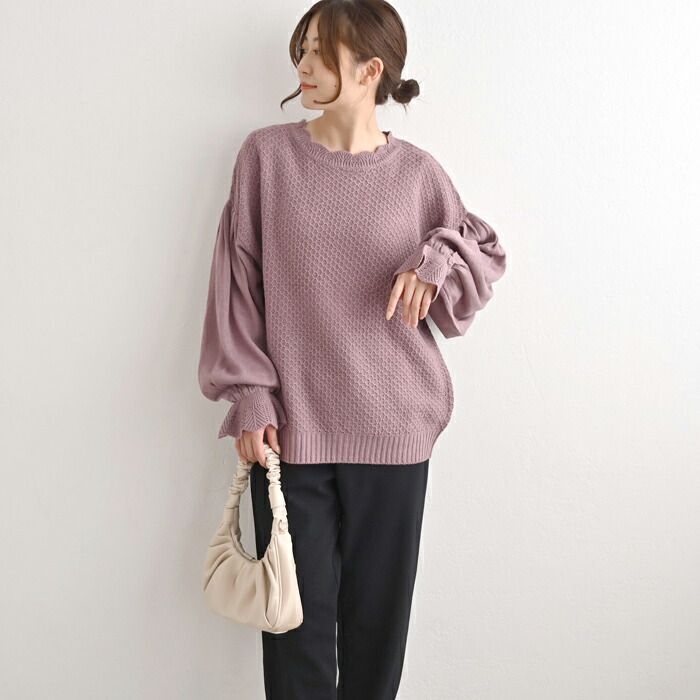 日本 ihuu - 氣質花瓣領糖果袖針織上衣-酒紅