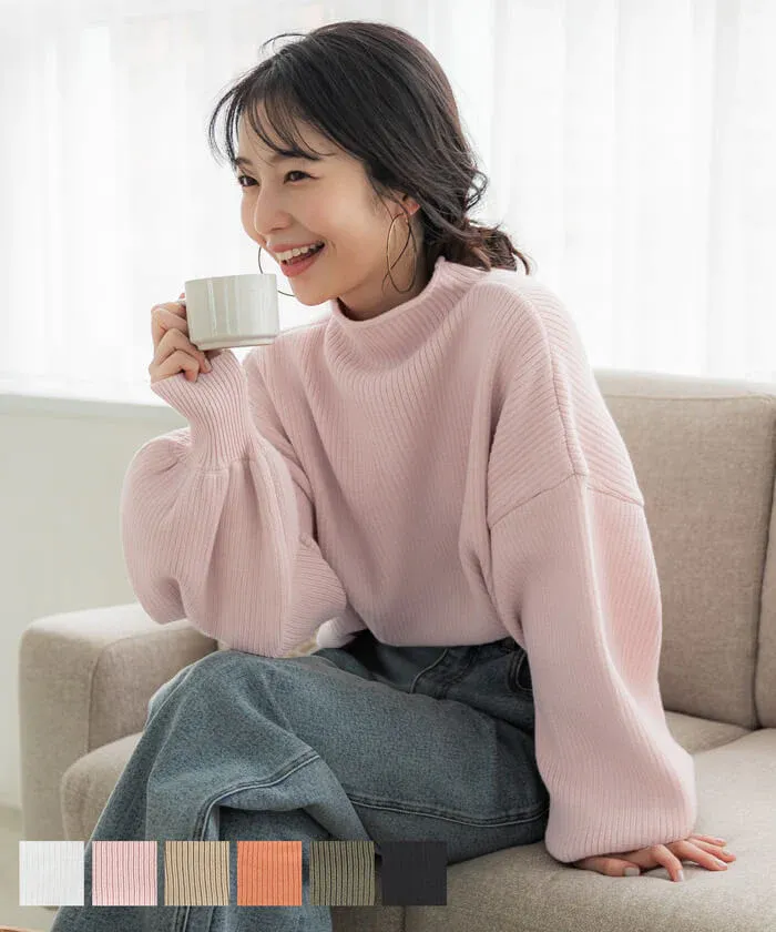 日本 COCA - 舒適修身立領羅紋毛衣-淺粉