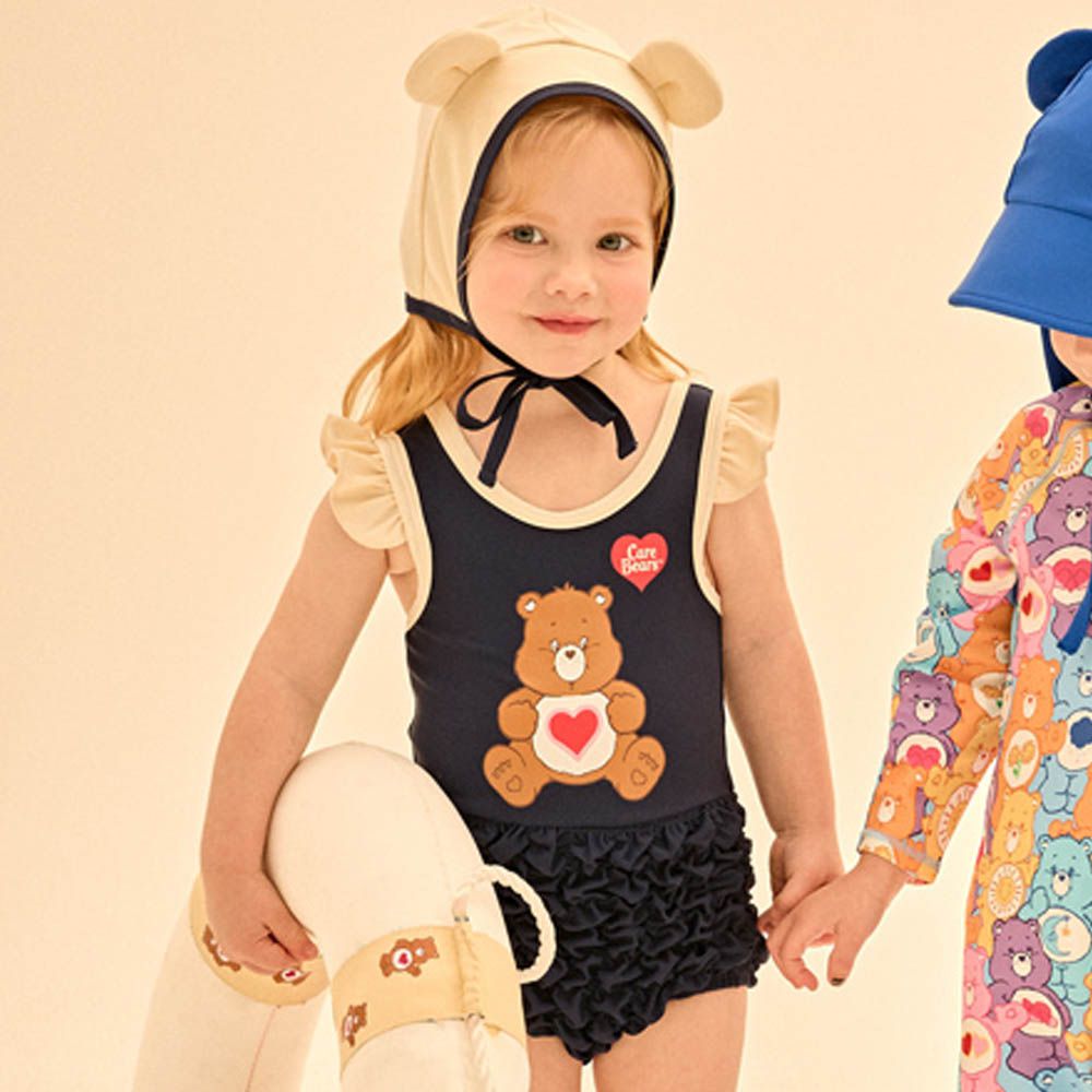 UPF 50+連身背心式造型泳裝(附造型泳帽)-卡通人物彩虹熊-黑藍