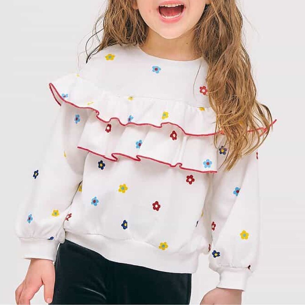 甜美摺邊滿版花朵裏毛長袖上衣-象牙白