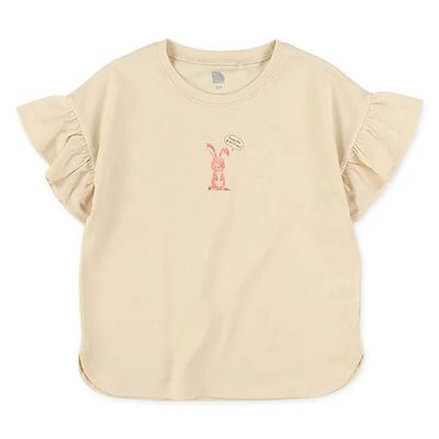 日本西松屋 - 可愛女孩荷葉袖印花上衣-兔子-米杏