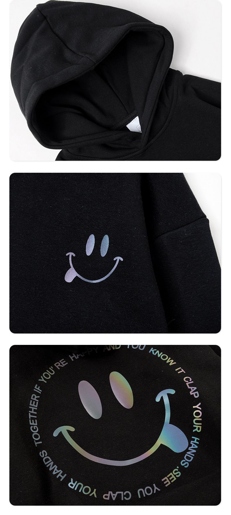 加絨連帽長袖大學T-笑臉-灰色