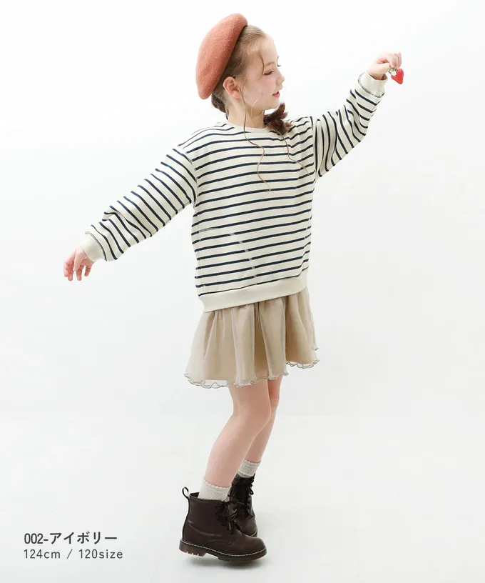 日本 devirock - 甜美裏毛雪紡拼接長袖洋裝-黑白條紋