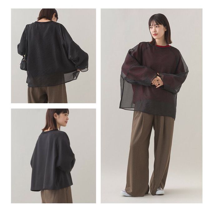 日本 OMNES - 歐根紗個性層次長袖上衣(2件組)-米灰