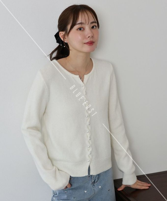 日本 BLUE EAST - 氣質交替珍珠扣針織上衣/開襟衫-深灰