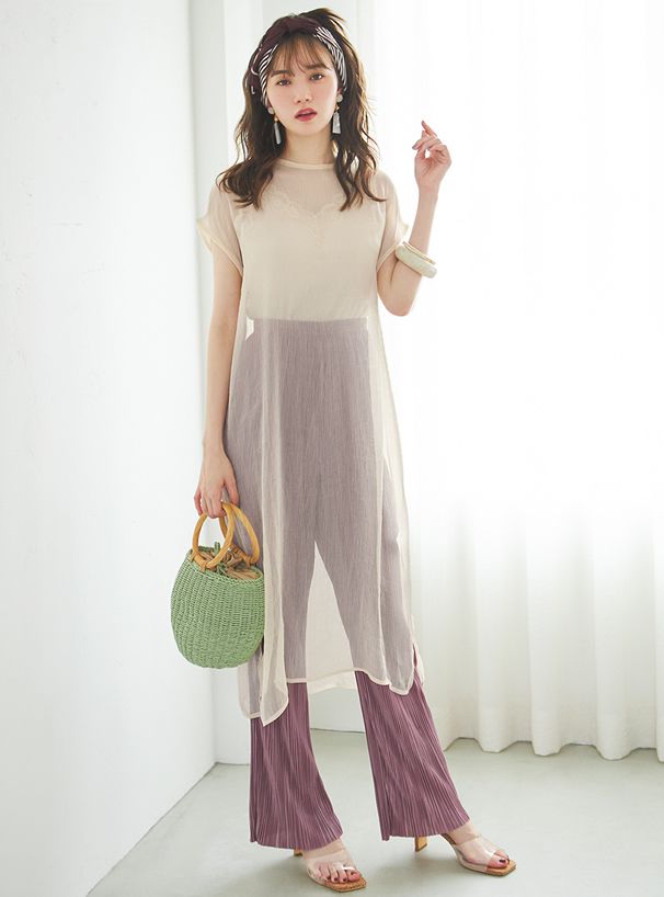日本 GRL - 修長壓褶百搭彈性鬆緊寬褲-絢麗紫