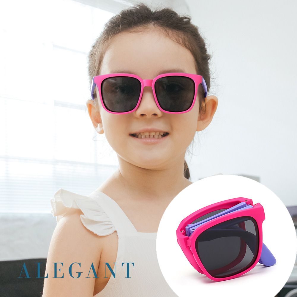 ALEGANT - 輕巧時尚紫月荷兒童專用輕量矽膠彈性折疊太陽眼鏡│UV400方框摺疊偏光墨鏡 (紫月荷)