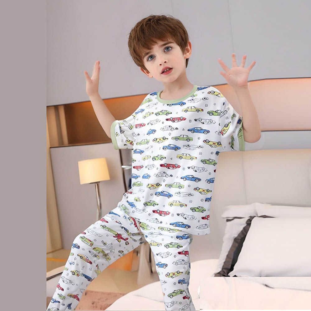 莫代爾短袖套裝/家居服-汽車-白色