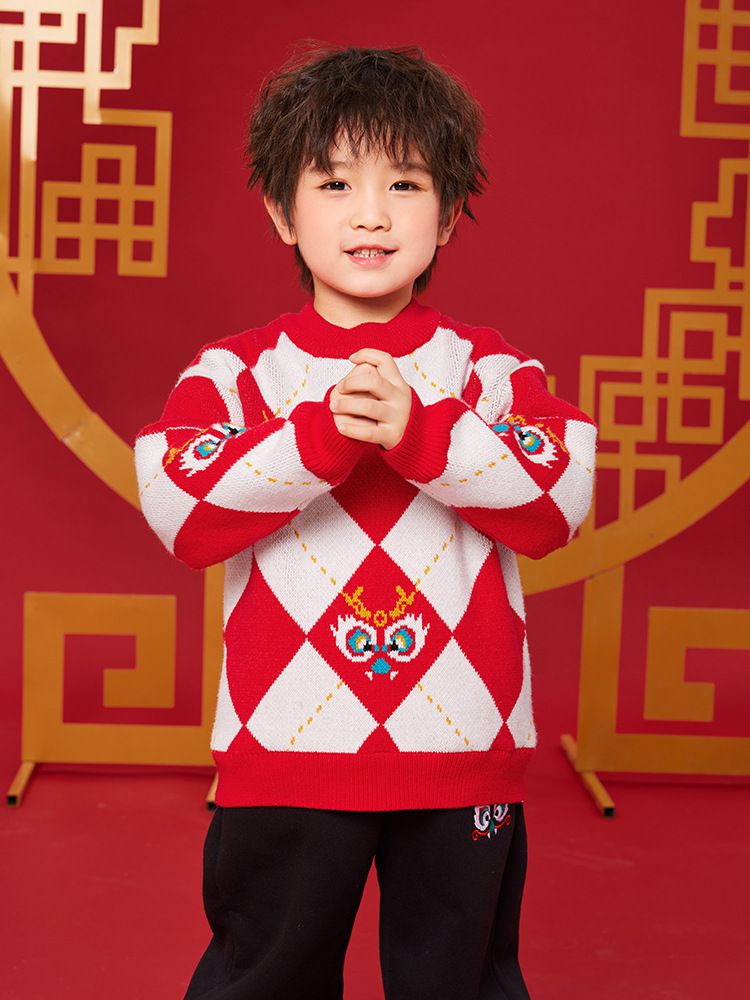 (加絨)喜氣拜年圓領針織長袖毛衣-福氣龍-紅+白