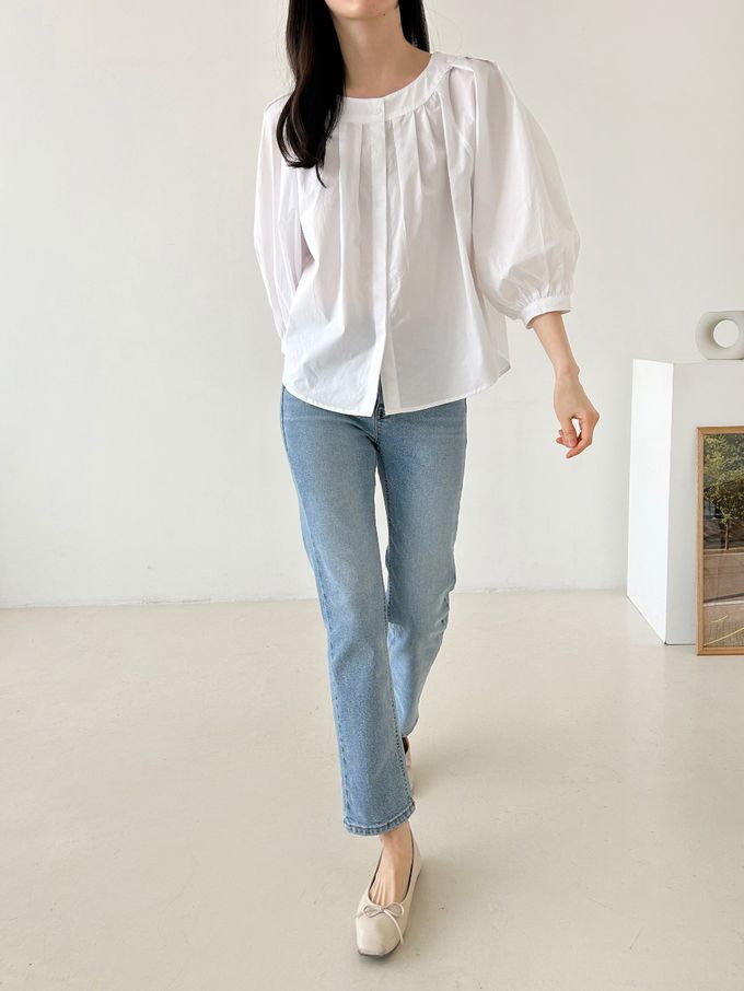 韓國女裝連線 - 氣質抓褶圓領七分袖襯衫-白 (FREE)