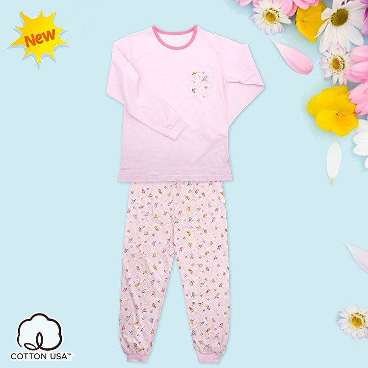 Annypepe - 女童純棉鳥語花香長袖居家服-淺粉 (120-150cm)