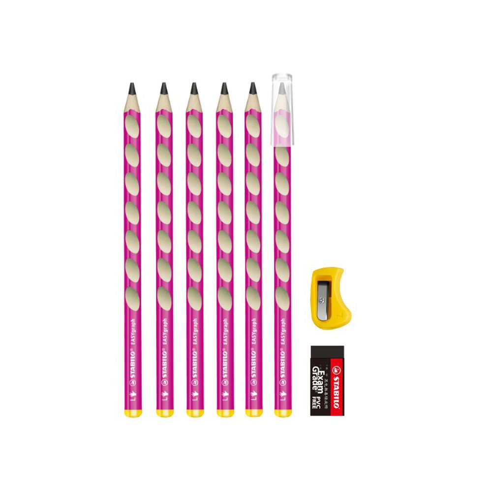 STABILO思筆樂 - EASYgraph 思筆樂洞洞鉛筆 左手HB 6入 超值組 【贈筆蓋+橡皮擦+削筆器】-粉紅色