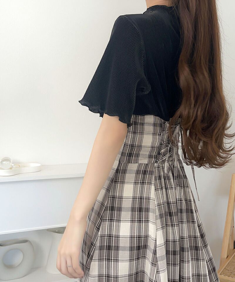 日本 Classical Elf - 浪漫格紋拼接後綁帶短袖洋裝-經典黑