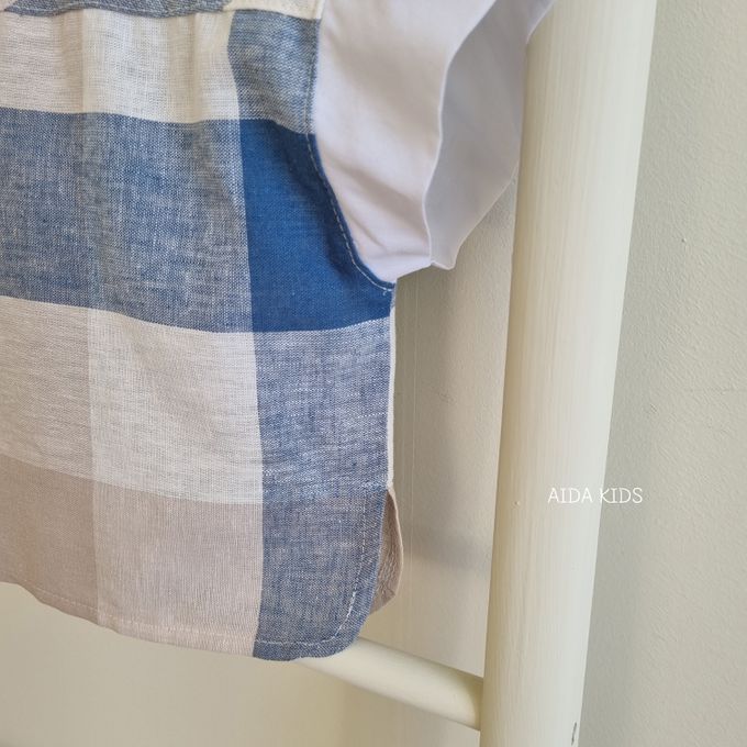 韓國 AIDA - 休閒風格子短袖翻領襯衫-藍X米