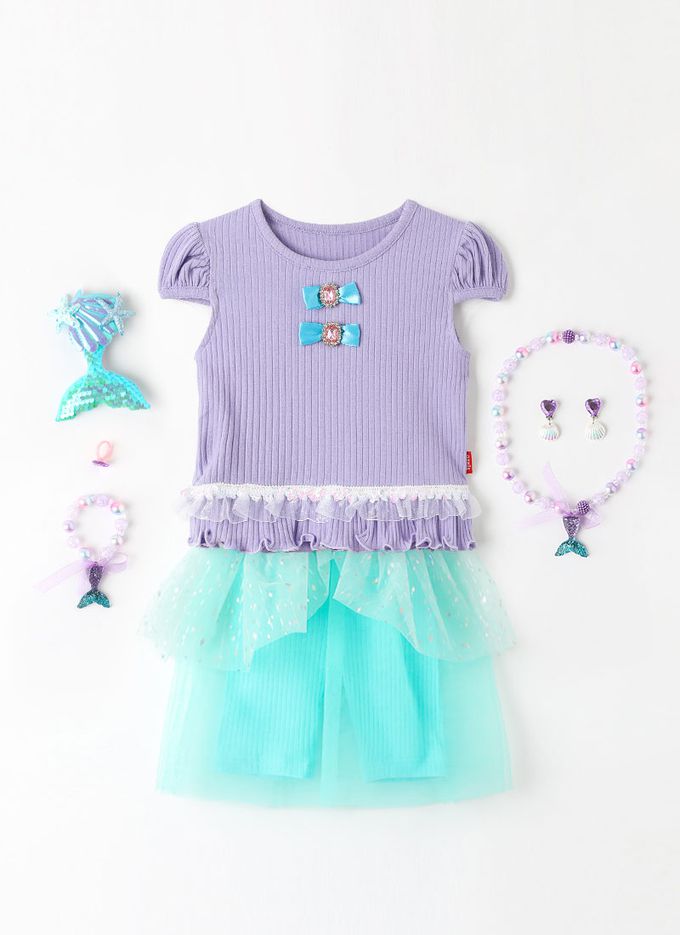 韓國 OZKIZ - (附配飾)海洋公主網紗裝飾短袖套裝-紫X湖綠