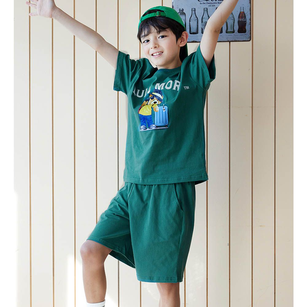 舒適純棉短袖套裝-旅行熊熊-森林綠