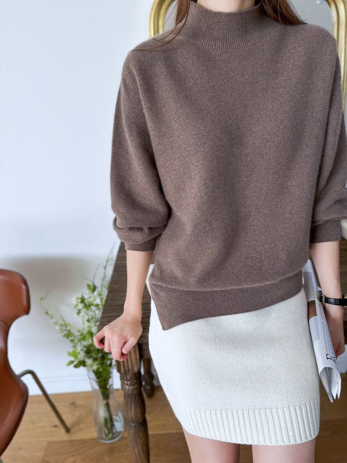 韓國女裝連線 - 斜角側開衩混羊毛針織長袖上衣-可可 (FREE)