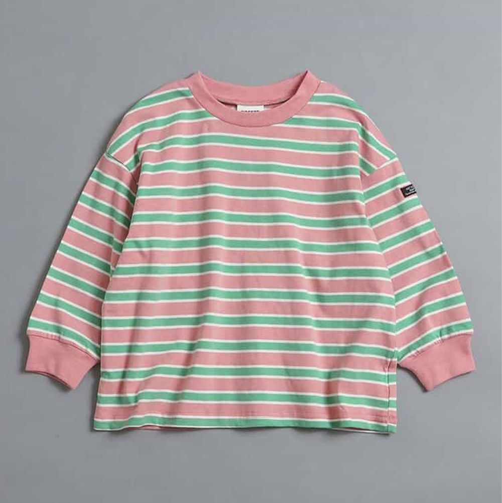 100%棉 定番款縮口長袖上衣-綠條紋-粉紅