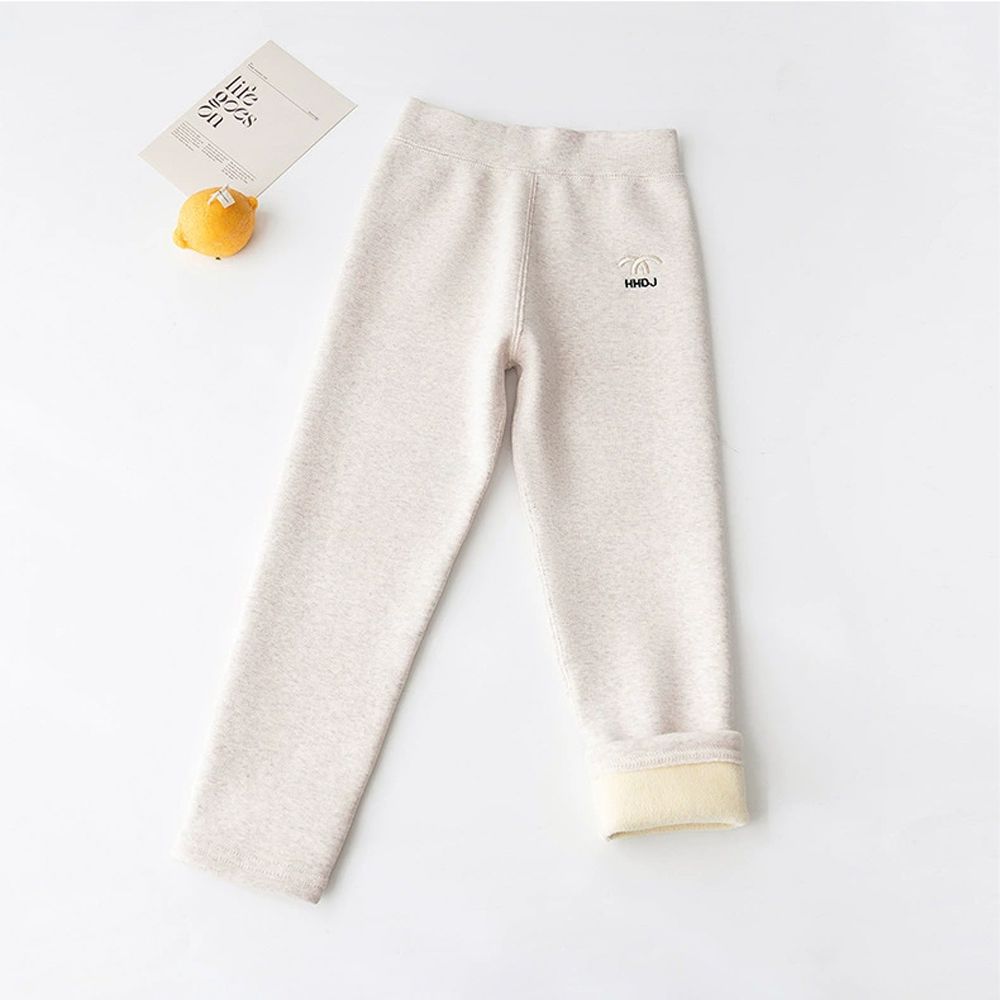 加絨腰鬆緊保暖內搭褲-簡約刺繡-燕麥色