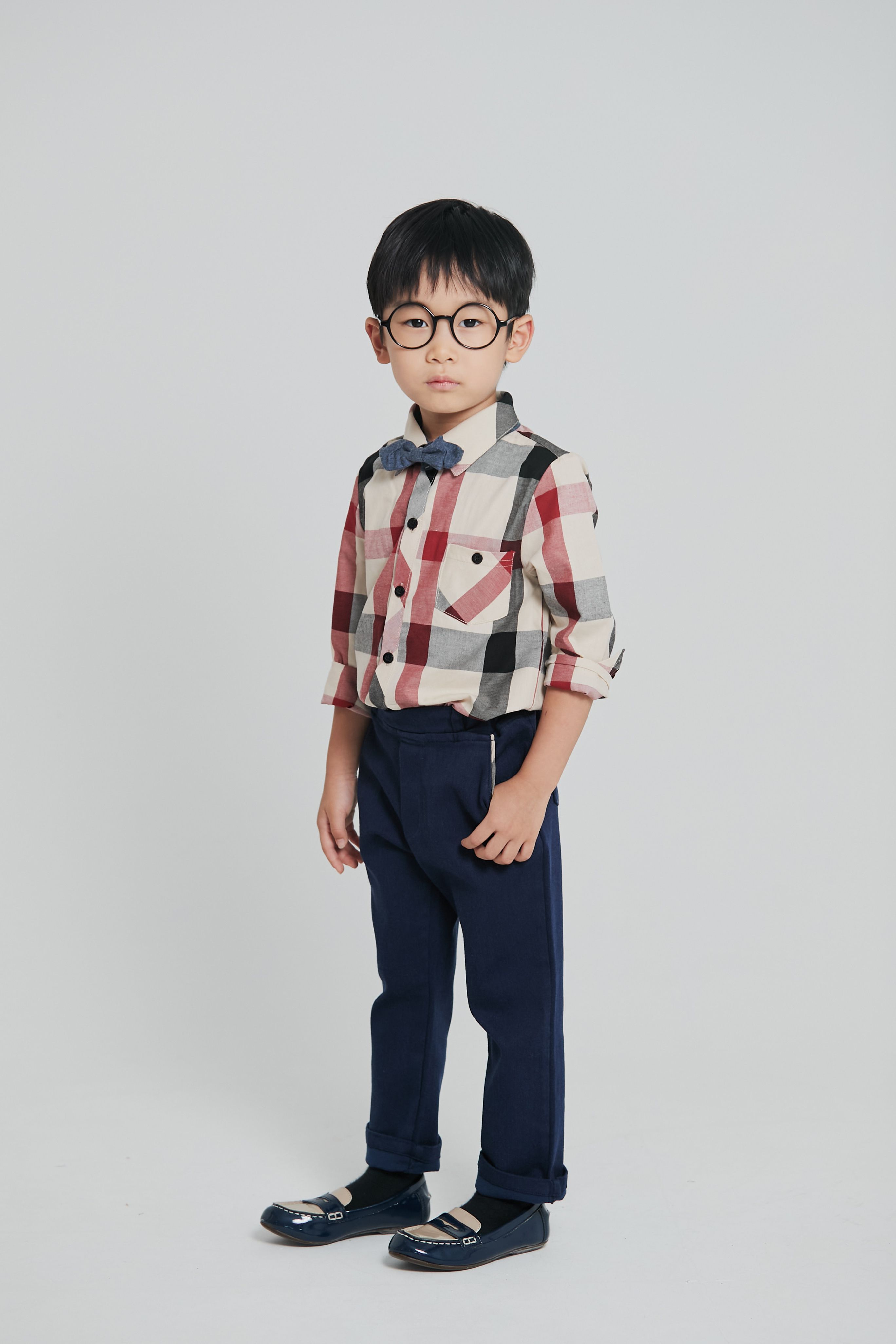 韓國 Coco Bang - 英式雙色格紋翻領長袖襯衫-淺卡其