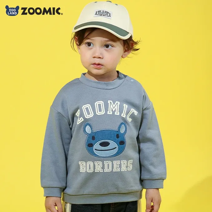 日本 ZOOLAND - 丹寧風小熊裏毛長袖上衣-縫線小熊臉-藍