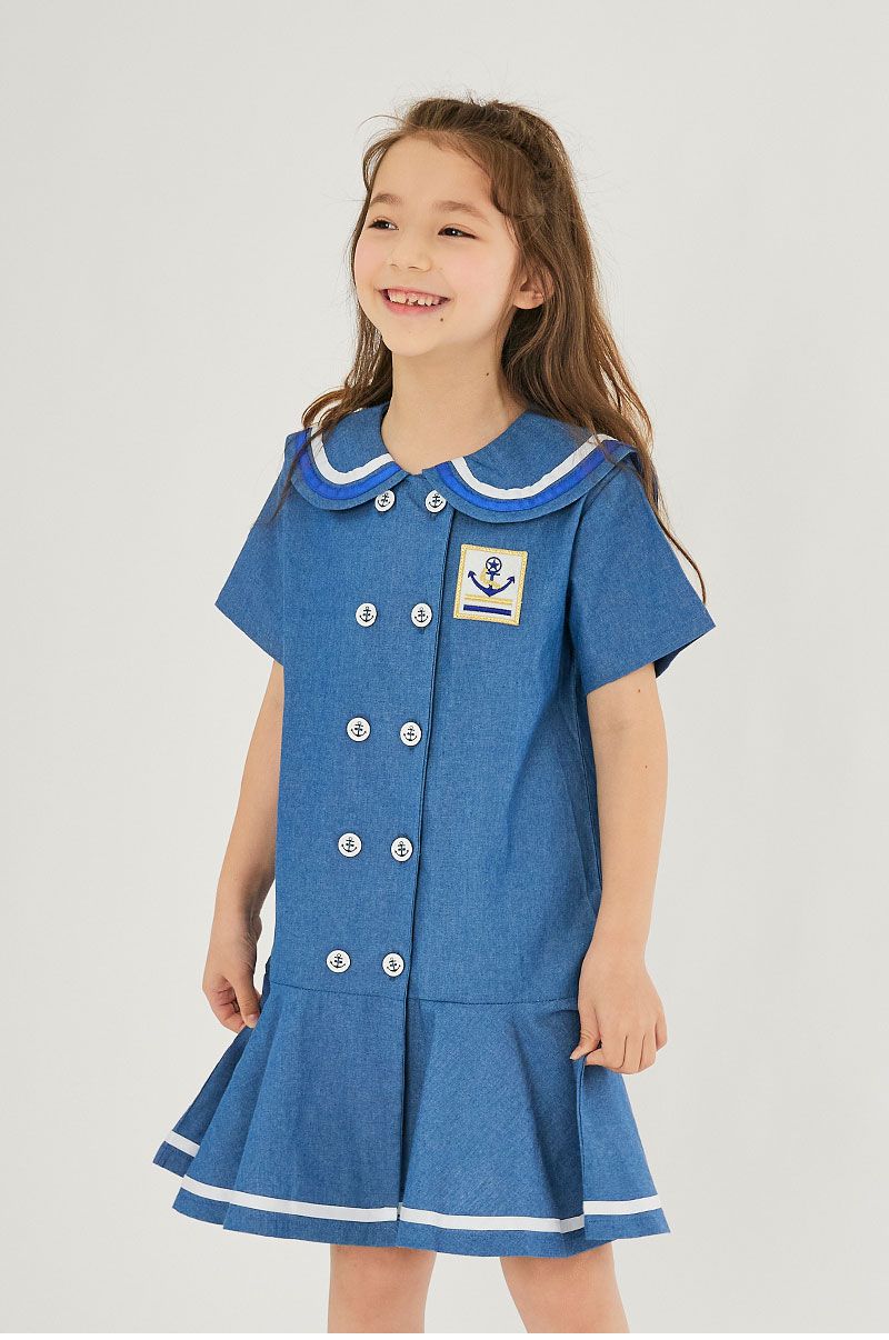 韓國 OZKIZ - 丹寧水手排釦連身洋裝-丹寧藍