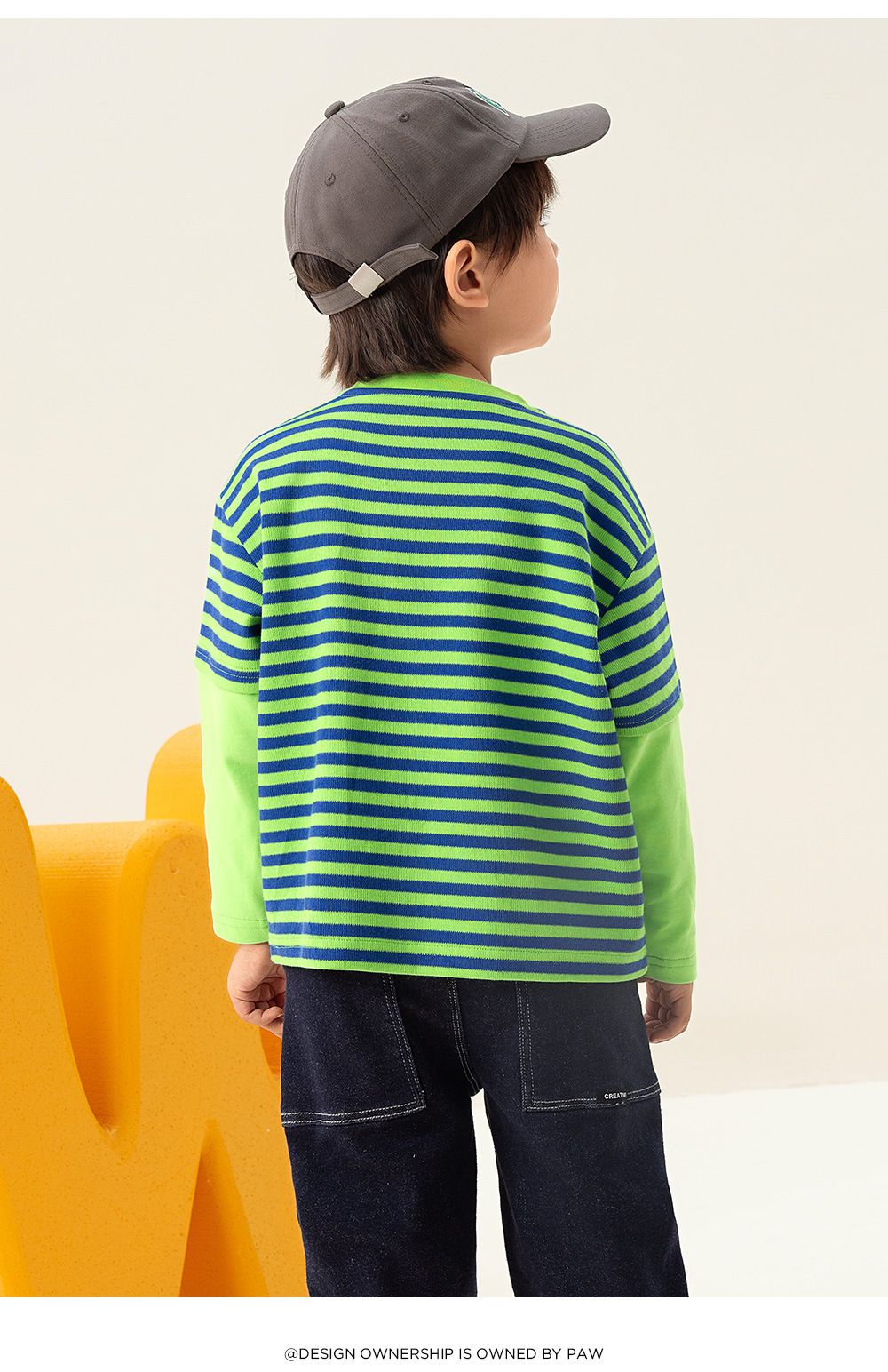 卡通汪汪隊圓領條紋拼接長袖上衣-卡通人物阿奇-綠色