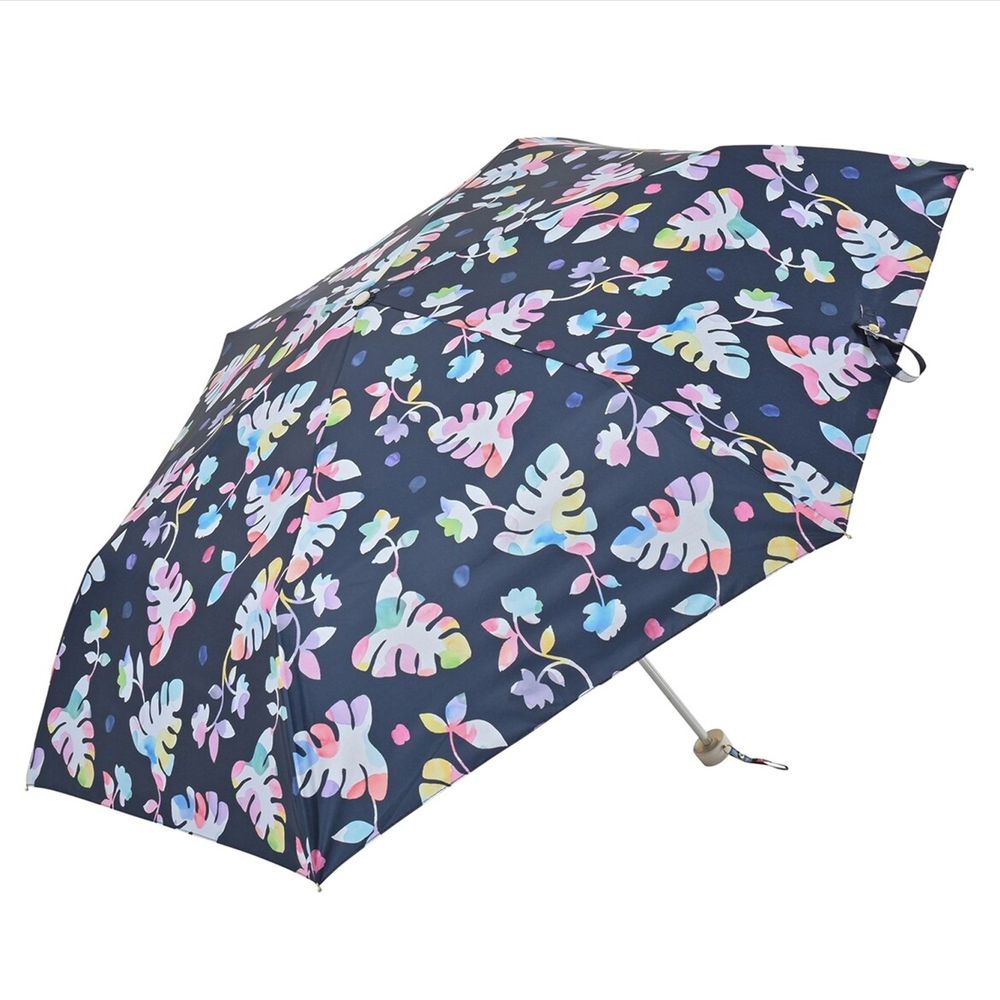 日本 nifty colors - 抗UV輕量 晴雨兩用折疊傘(遮光遮熱款)-水彩葉子-深藍 (直徑98cm/211g)-99.9%