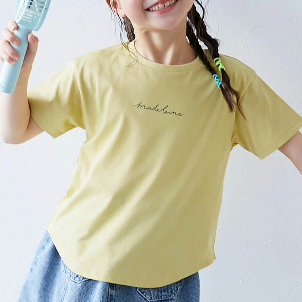 接觸涼感 女孩印花短袖上衣-英文logo-淺黃