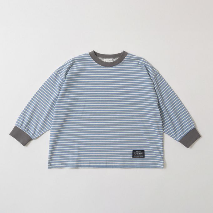 日本 b-ROOM - 不易變形定番條紋長袖上衣-水藍x灰