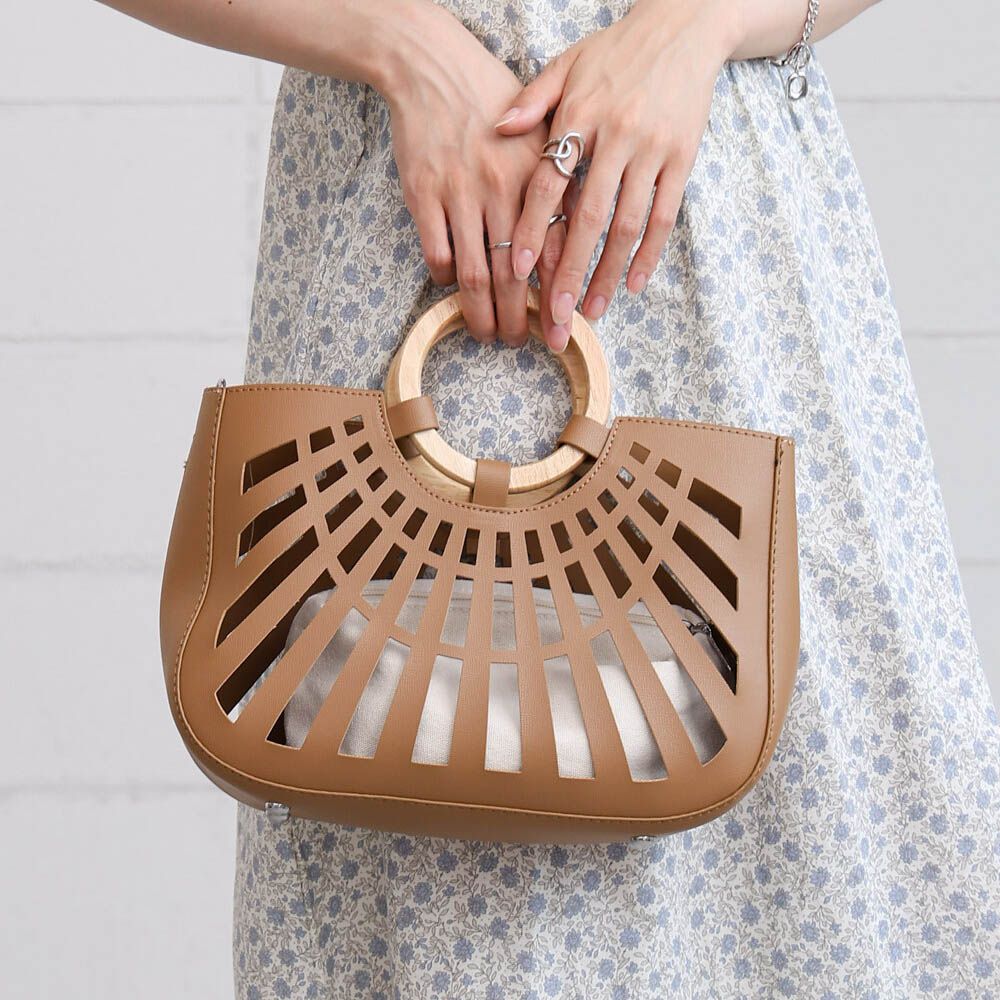 2way夏日竹柄鏤空手提/側背包-棕