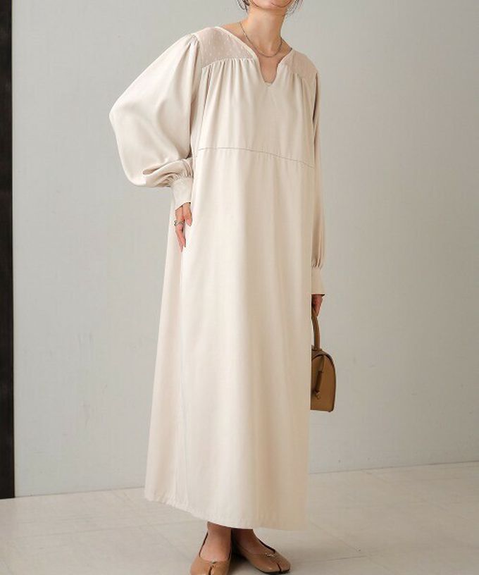 日本 Bab - 優雅蕾絲拼接背綁帶長袖洋裝-米