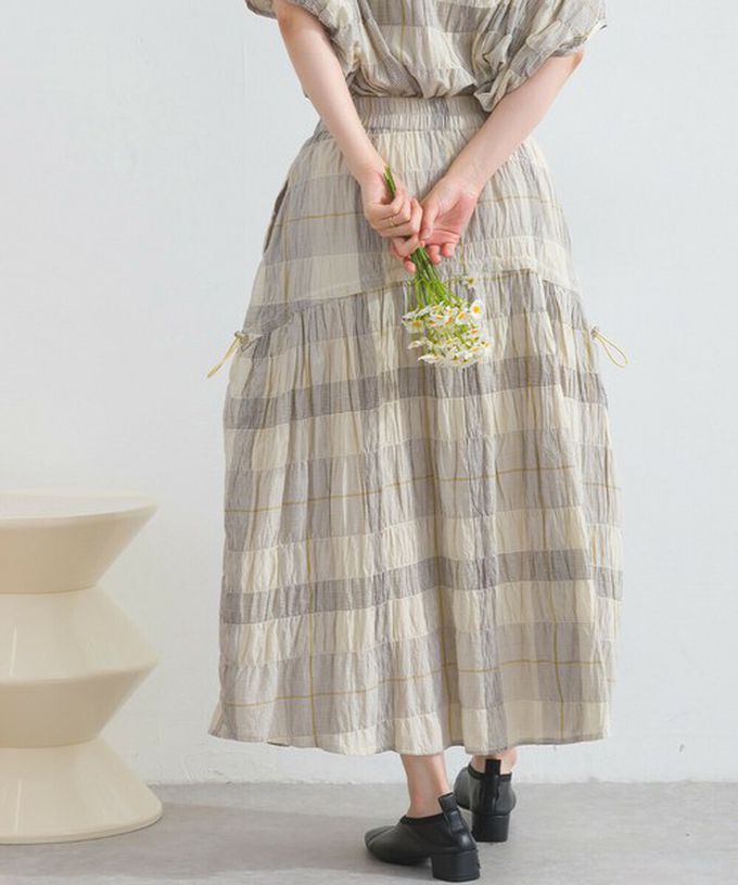 日本 Lupilien - 印度棉 皺皺文青格紋側抽繩長裙-橘