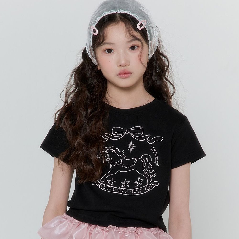 FORK CHIPS 美式搖搖木馬刺繡短袖上衣-黑