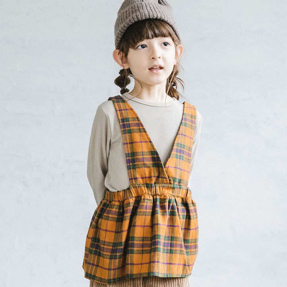 日本 PAIRMANON - 短版吊帶設計兩件式上衣-格紋-黃X灰杏上衣