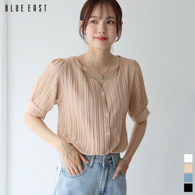 日本 BLUE EAST - 韓國製 心型領細緻泡泡短袖襯衫-白